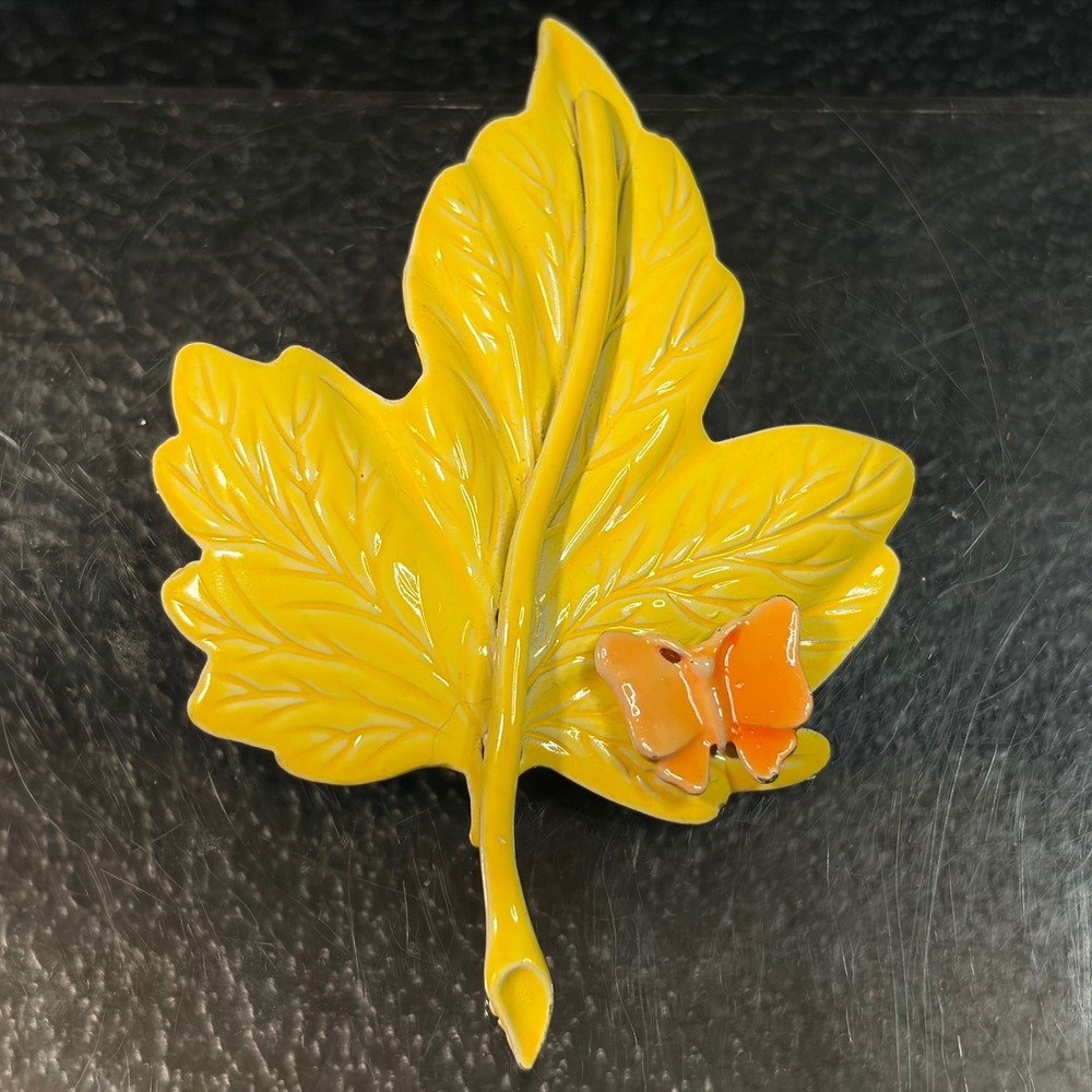 Vintage Yellow Enamel Maple Leaf Brooch with Orange Butterfly Mid Century Pin